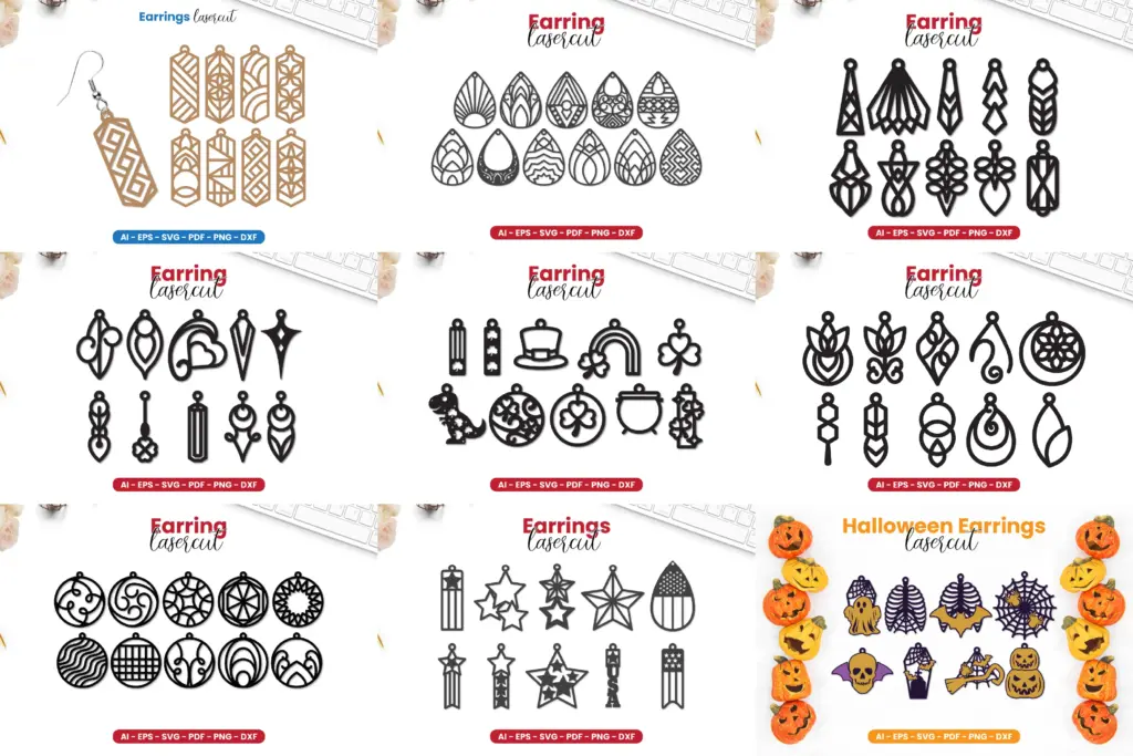 Collage of geometric, abstract, seasonal, and Halloween earring templates of 700+ Laser Cut SVG Images Mega Bundle.