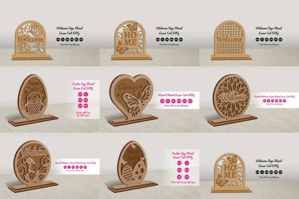 Collection of wooden stand designs including welcome signs, Easter egg stands, heart stands, and home signs of 700+ Laser Cut SVG Images Mega Bundle.