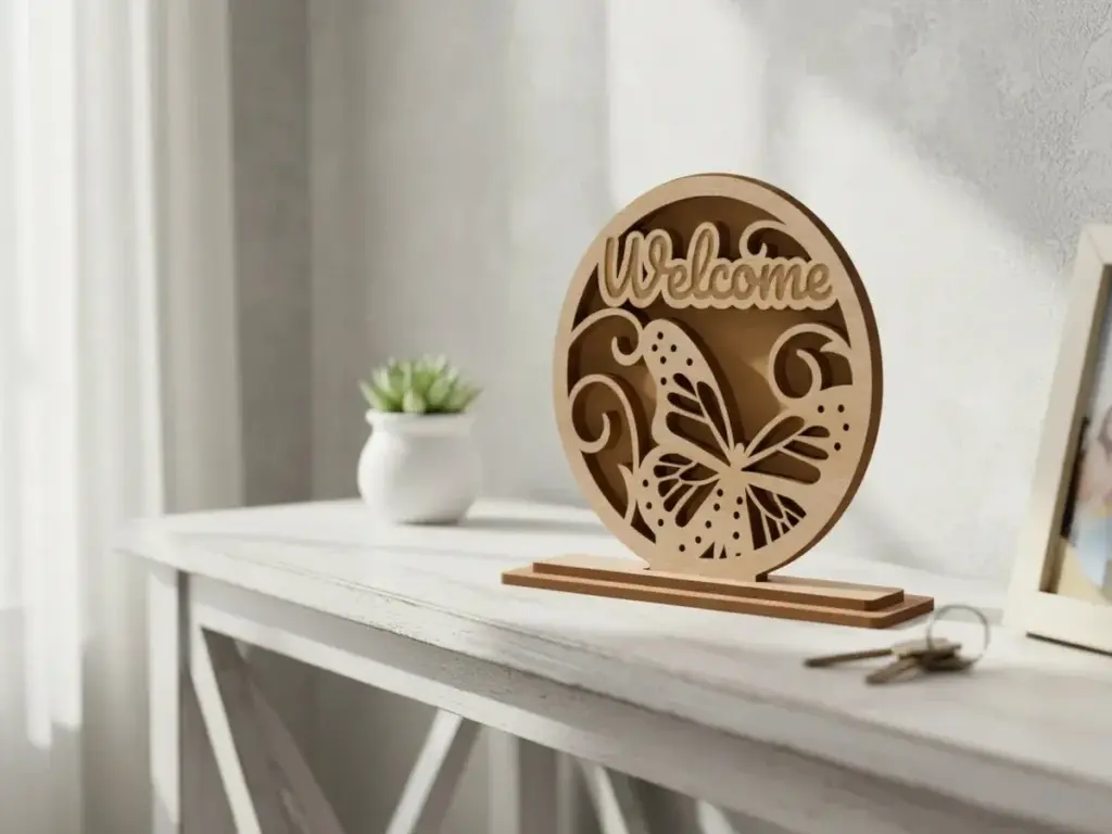 Circular wooden welcome sign with butterfly cutouts of 700+ Laser Cut SVG Images Mega Bundle