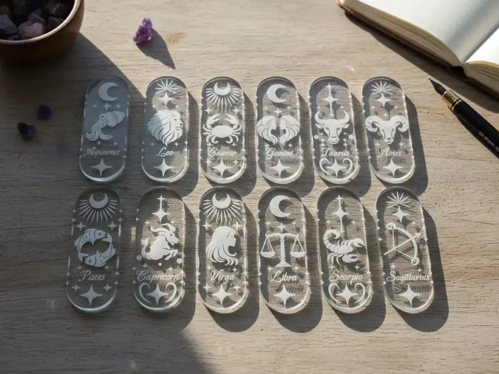 Zodiac engraved acrylic pieces with celestial motifs of 700+ Laser Cut SVG Images Mega Bundle