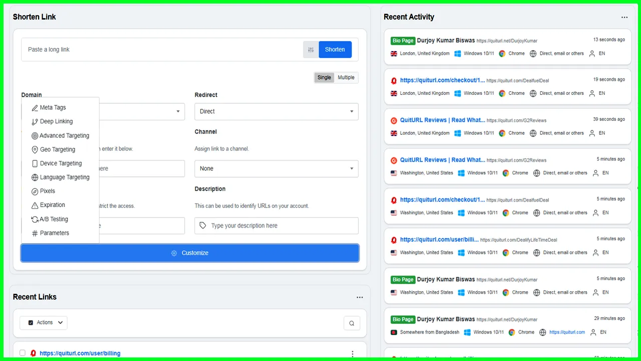 1. Short your Long Link with Branded Domains on QuitURL