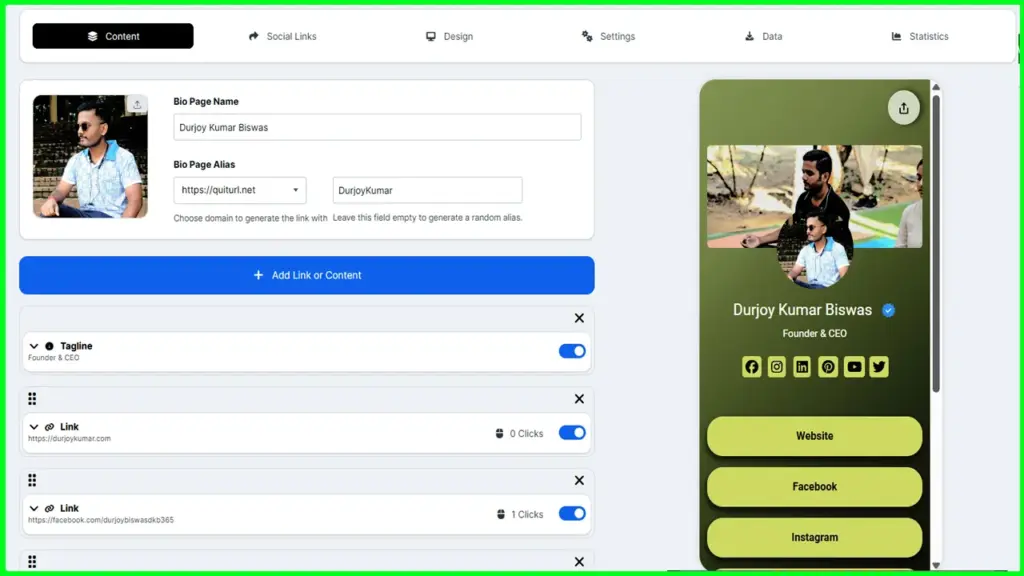 QuitURL's Link In Bio Page Creator