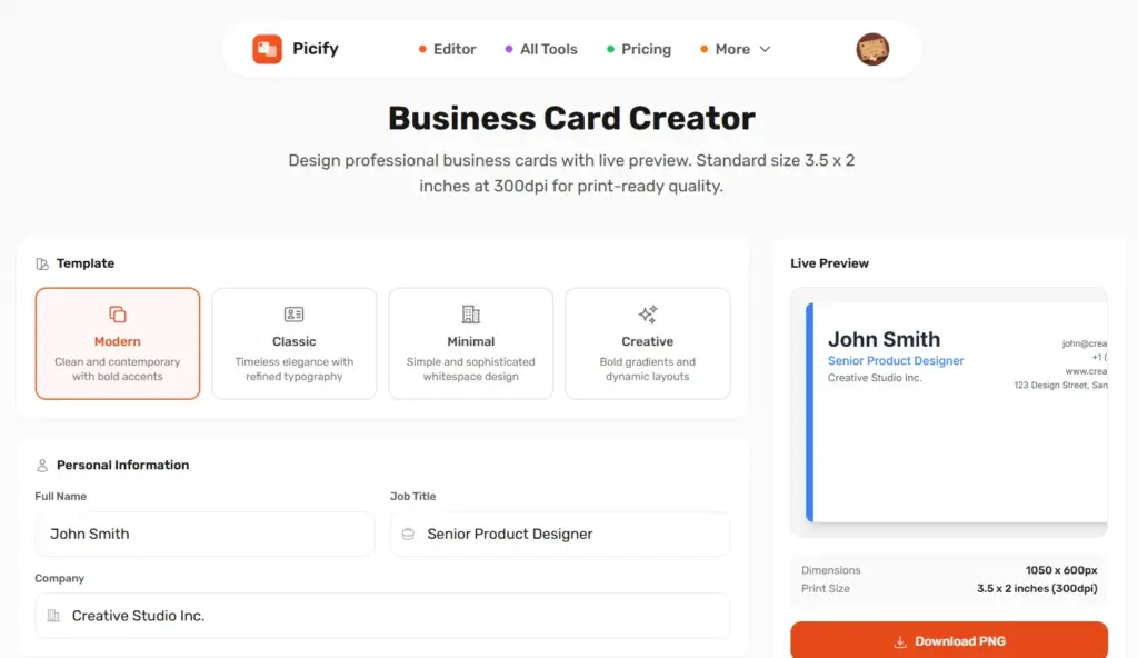 Picify AI-Powered Design Platform Business Card Creator