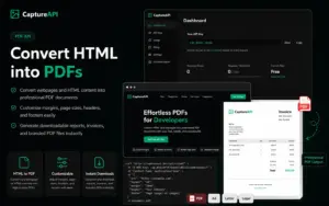 CaptureAPI PDF generation workflow showing webpage-to-document conversion.