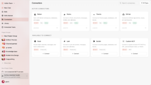 Configuration page for active integrations like Notion, GitHub, and Feishu in the Kollab AI agents workspace.