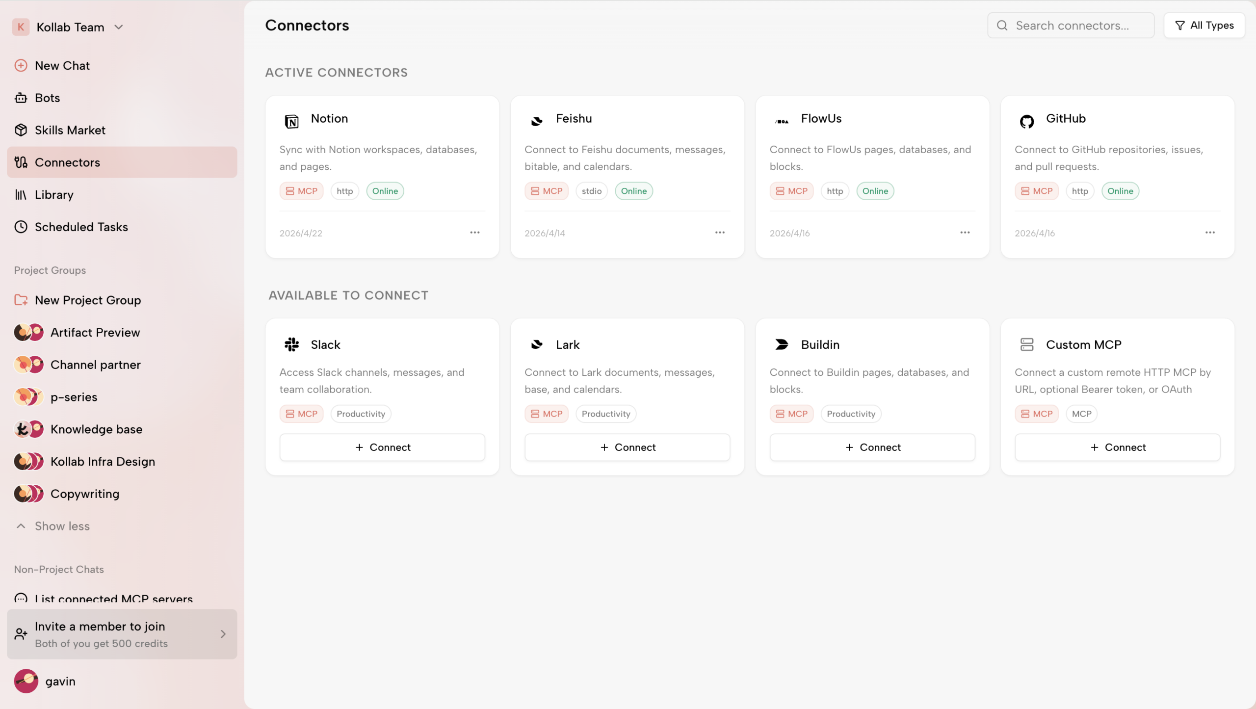 <b>Securely link the Kollab ai agents workspace to external enterprise systems, documents, and code repositories using MCP connectors.</b>