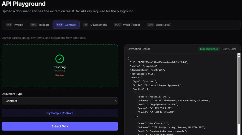 Contract Data parsing with ParseFlow