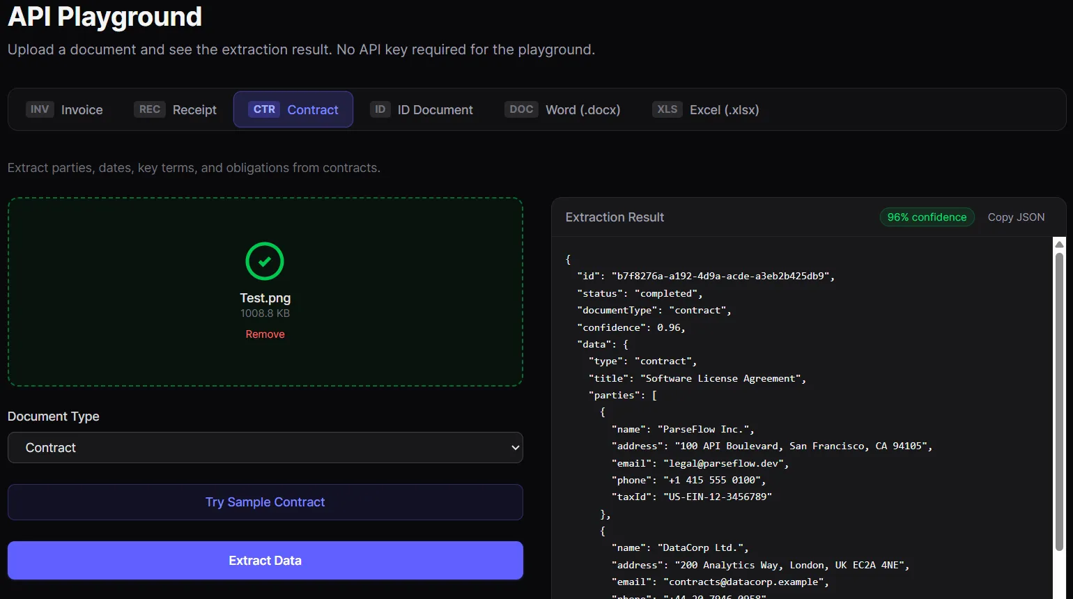 Contract Data parsing with ParseFlow