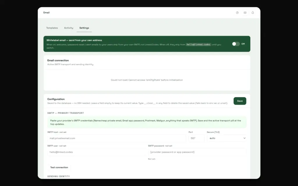 Email settings and configuration for SMTP with Linked.Codes URL Shortener and QR Code Generator