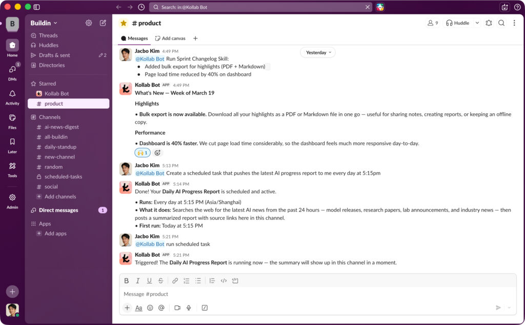<b>Experience seamless ai agents collaboration by running complex workflows and scheduling recurring daily progress reports via text commands.</b>