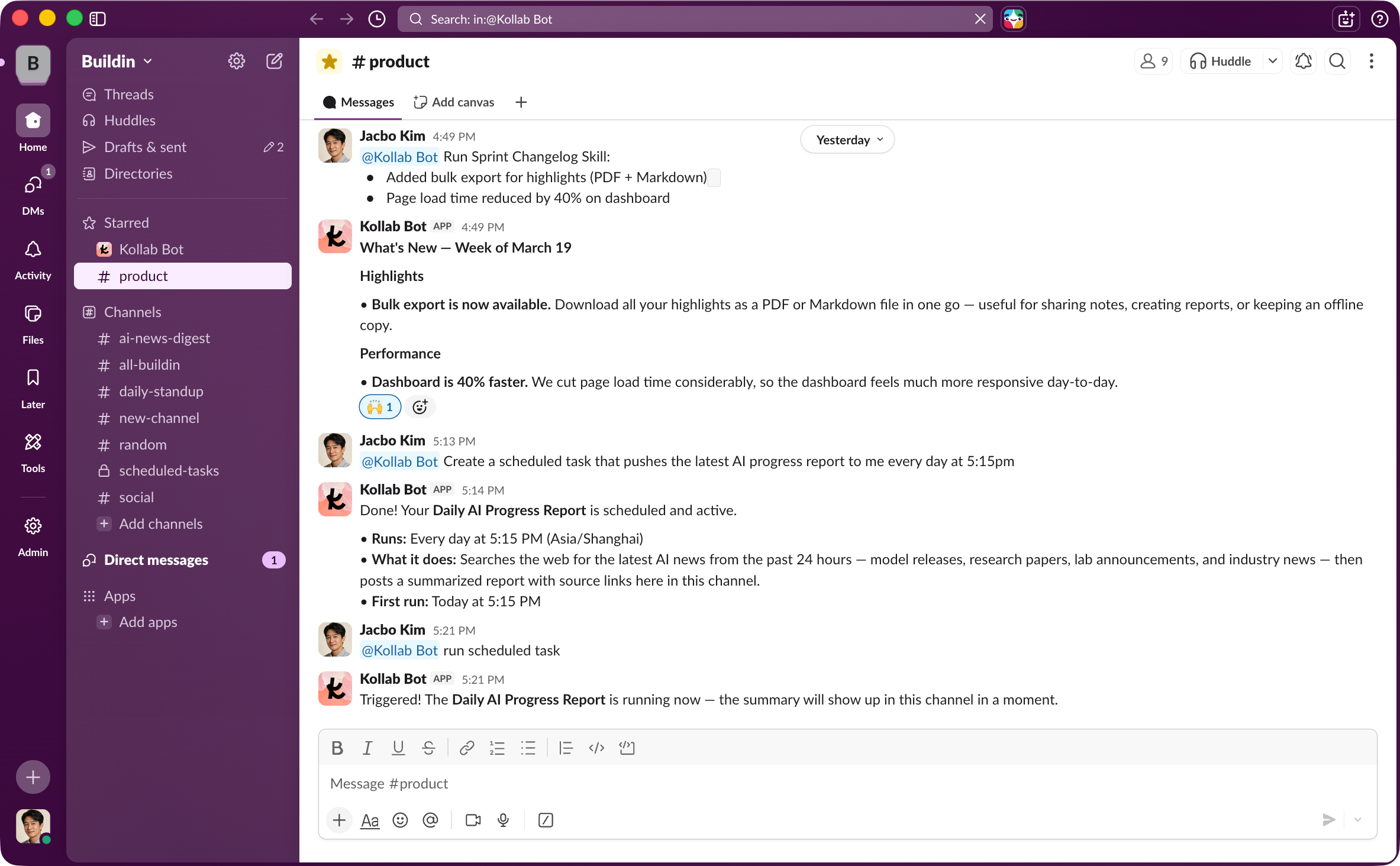 <b>Experience seamless ai agents collaboration by running complex workflows and scheduling recurring daily progress reports via text commands.</b>