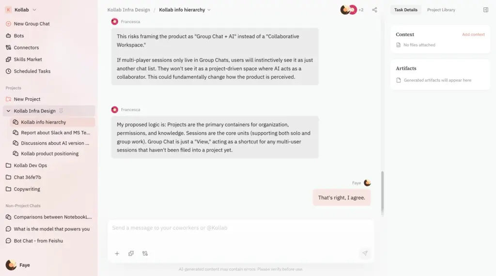 <b>Keep human and AI communications structured inside Kollab ai native workspace</b>
