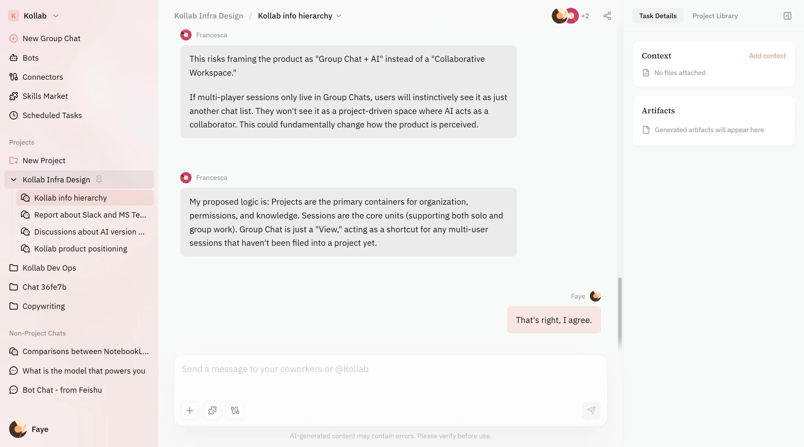 <b>Keep human and AI communications structured inside Kollab ai native workspace</b>