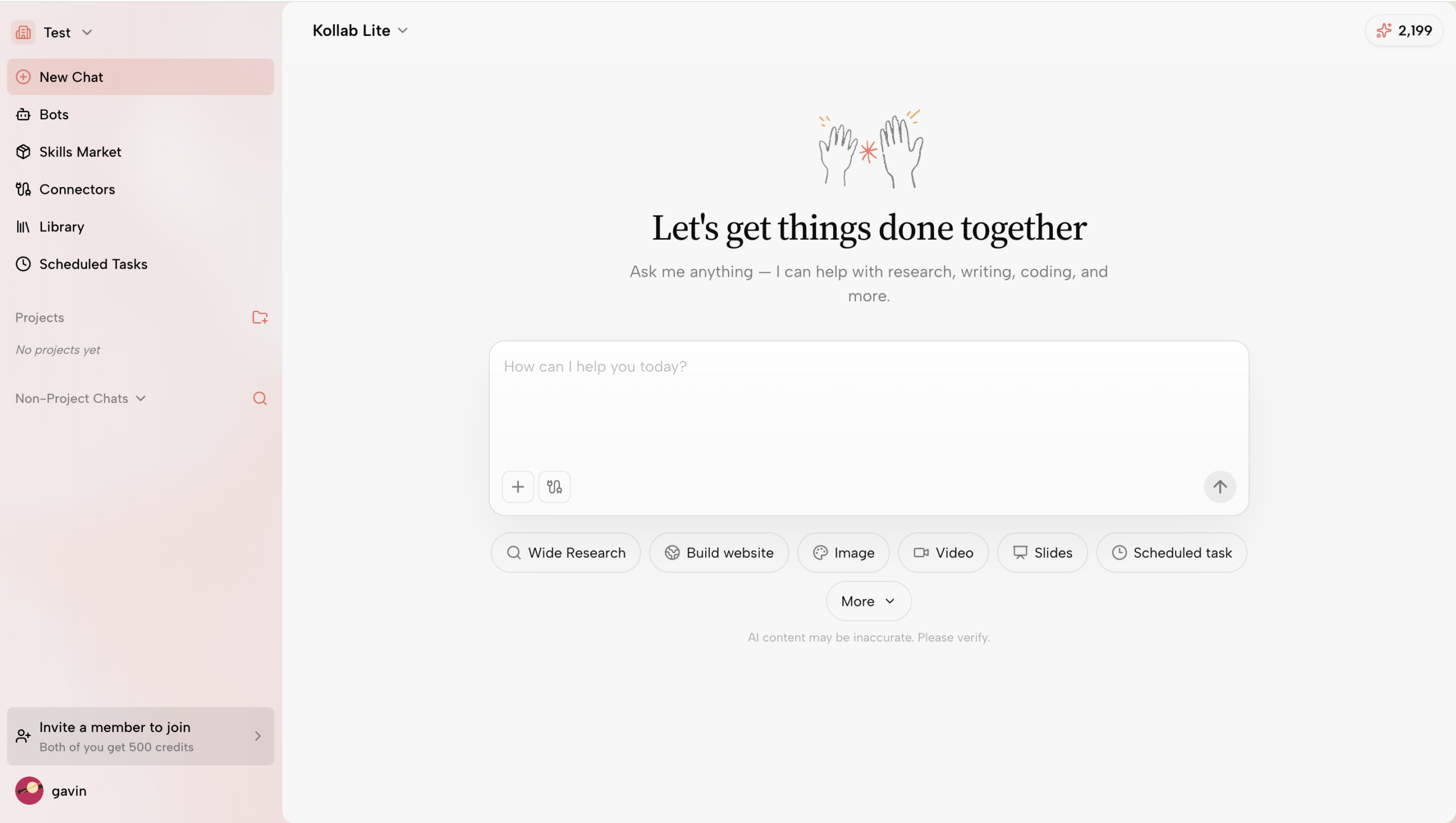 <b>Launch research, coding, or video generation tasks right from the central hub of Kollab ai workspace.</b>