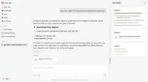 Automated economic report generation and task breakdown progress inside Kollab AI agents workspace.