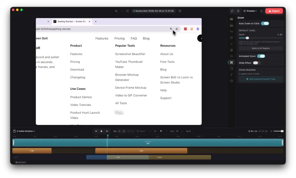 Configuring auto-zoom-on-click levels and animated zoom region timelines within the mac screen recording app.