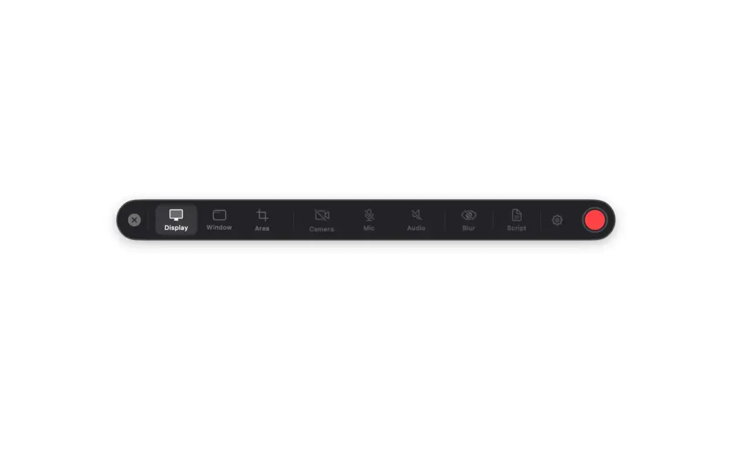 Screen Bolt control panel for selecting display, window, camera, and mic inputs.