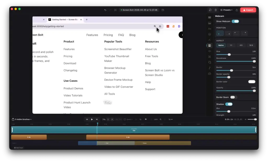 Setting up picture-in-picture webcam layouts, aspect ratios, and borders using the Screen Bolt mac screen recorder.