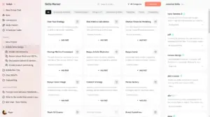 The Skills Market dashboard within the Kollab AI collaboration platform, featuring a directory of installed business analytics and content creation skills.