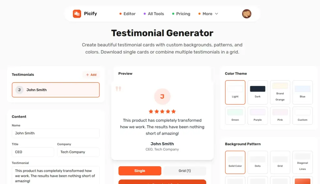 Picify AI-Powered Design Platform Testimonials Generator