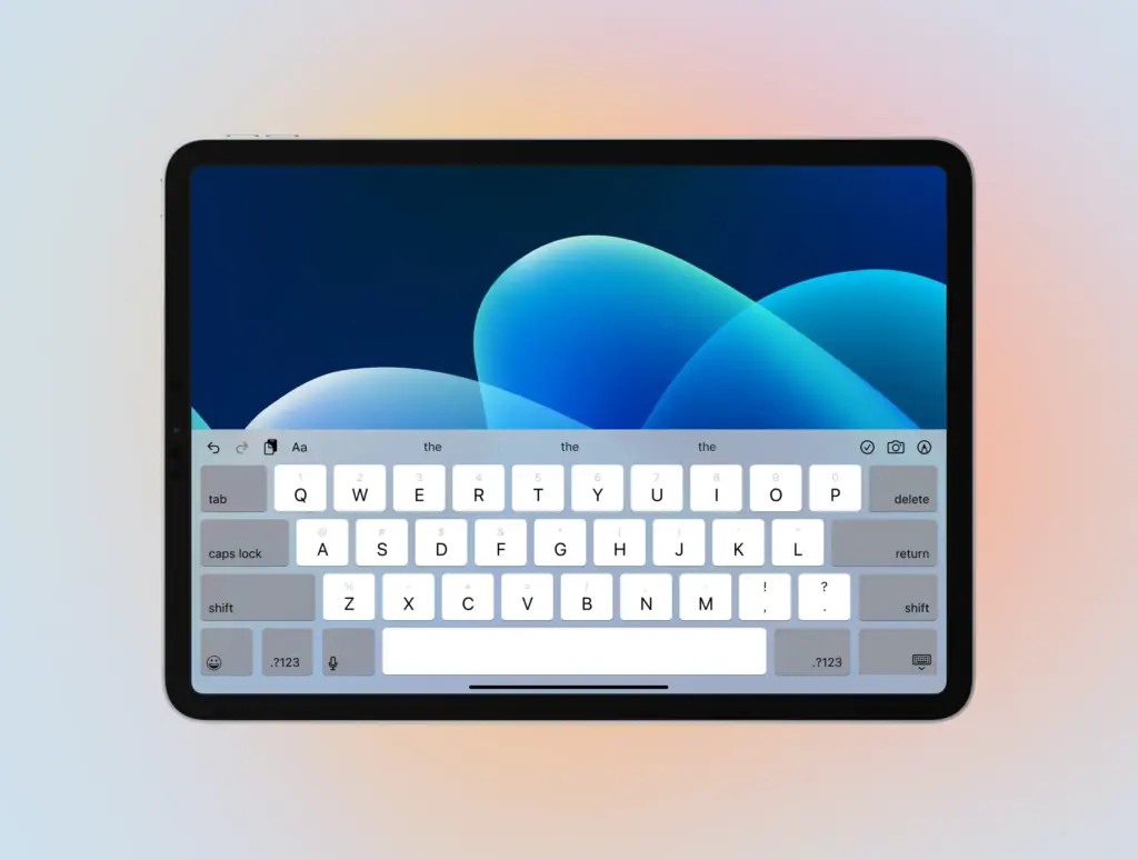 Tablet QWERTY keyboard, with predictive text bar of Free IOS Keyboard UI Kit.