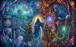 Multi-layered fantasy panorama from a free ai art prompts bundle depicting an enigmatic, cosmic guide leading adventurers through a series of increasingly strange, overlapping dimensional thresholds.
