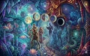 Detailed illustrative painting from a free ai art prompts bundle centered on a land governed by the ever-changing phases of the moon, affecting the characters' abilities and surroundings.