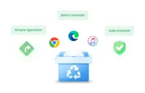 App manager graphic from a Windows PC cleaner highlighting simple, safe, and batch uninstallation options.