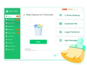 Main interface of AWZ PC Cleaner software displaying deep cleanup tools for the C drive.