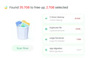 Scan results page in a PC cleaner showing available space to free up across multiple categories.