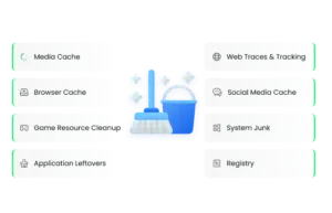 Cleaning modules checklist inside a PC cleaner application targeting media, browser, and registry cache.
