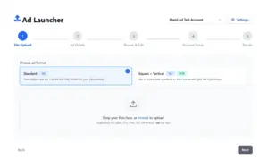 Ad launcher dashboard in PengWing showing a multi-step workflow to upload creative files and choose standard or square ad formats.