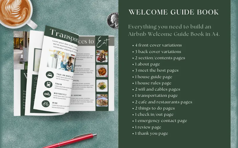Create a professional guest experience with a 26+ page Canva Airbnb welcome guide book template.
