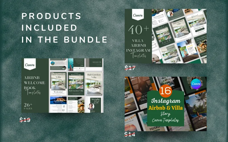 Get Instagram posts, stories, and a 26+ page Airbnb welcome book template in one bundle.