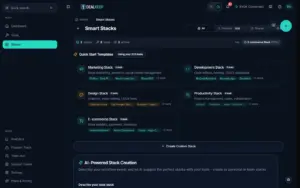 Smart Stacks layout categorizing software into marketing, development, design, and e-commerce groups.