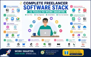 Freelancer software stack infographic featuring productivity, design, communication, and business tools.
