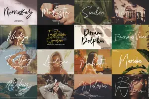 A collage grid displaying sixteen elegant cursive lettering styles included in the Handwriting Signature Fonts Bundle.