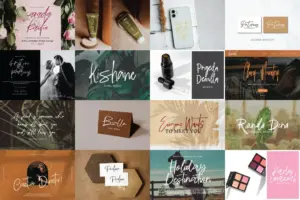 Creative branding mockups showcasing the Handwriting Signature Fonts Bundle.