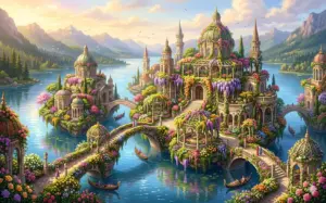 Digital illustration from a free ai art prompts bundle of a detailed, floral-themed floating city where buildings are covered with climbing flowers.