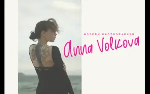 A woman showing her back tattoo next to the name "Anna Volkova" written in a bright pink handwritten script font.