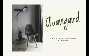 An interior studio scene featuring a chair and lamp next to the word "Avangard" written in the whisper font.