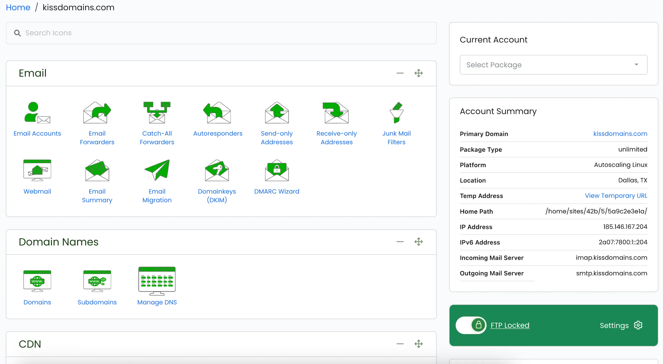 Quickly access mail configurations, domain names, and server locations.
