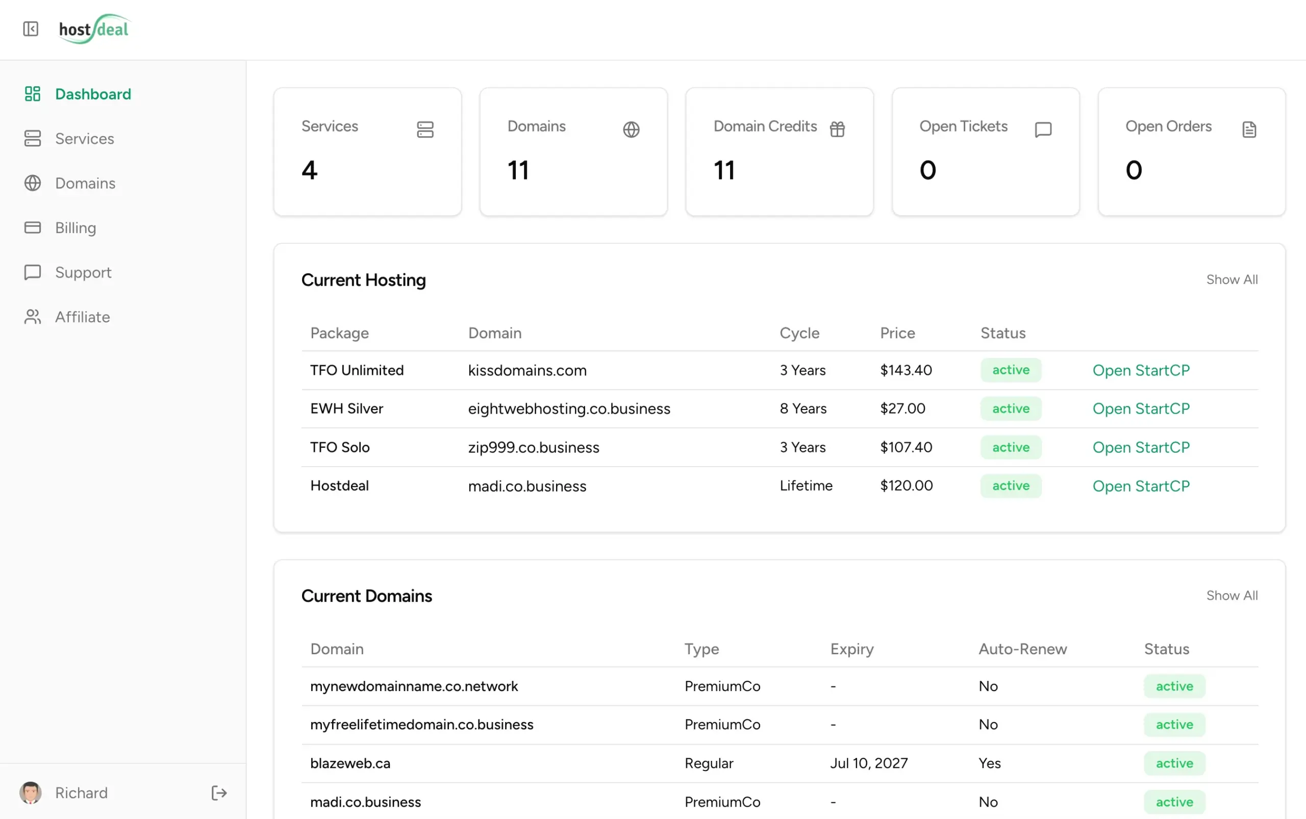 Monitor your active packages, domain statuses, and active services at a single glance.
