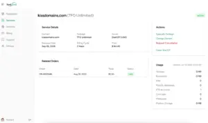 Detailed service summary, actions, and usage metrics on Hostdeal permanent web hosting.