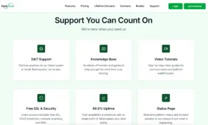 Customer support options, ticket help desk, and platform uptime metrics for Hostdeal permanent web hosting.