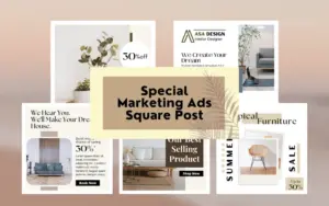 Special Marketing Ads Square Post showcasing five minimalist ad templates featuring indoor interior, of the Interior Design Instagram Templates