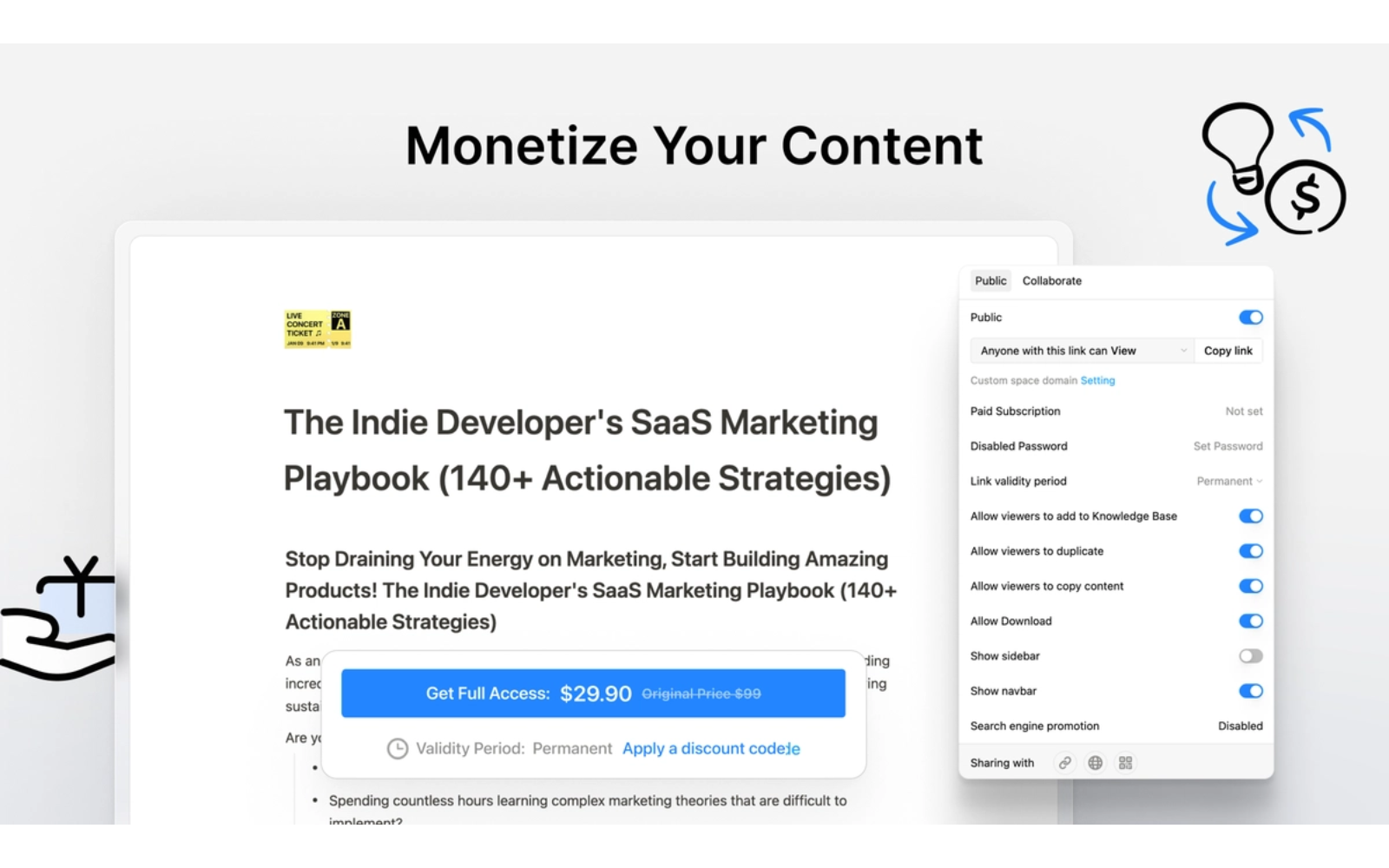 Turn your docs and resources into paid content with built-in subscriptions.