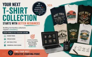 A promotional design banner featuring a collection of printed t-shirts, a laptop with apparel designs, creative tools, and a workflow illustration.