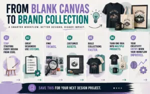 A colorful Instagram carousel-style graphic showing the journey from a blank canvas to a complete brand collection.