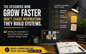A professional graphic design banner showing a creative workspace with a laptop, design tools, notes, and a workflow system.